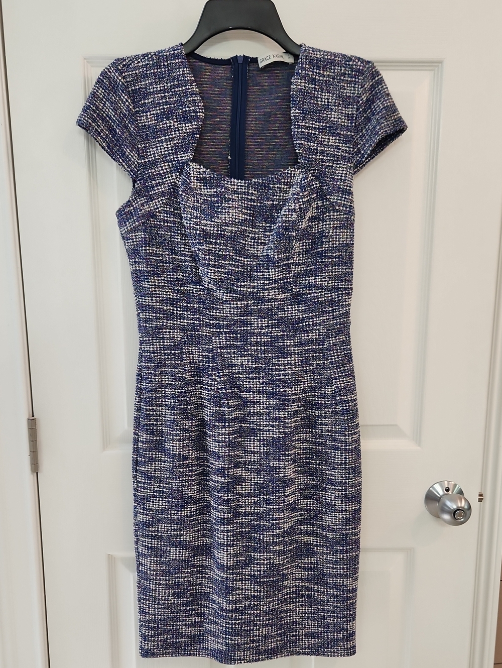 Grace Karin Blue and White Tweed Sheath Dress